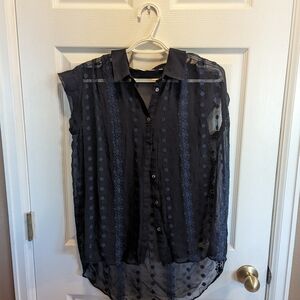Zoa New York Black Blue Sheer Silk Embroidered Sleeveless Tunic Blouse S 46